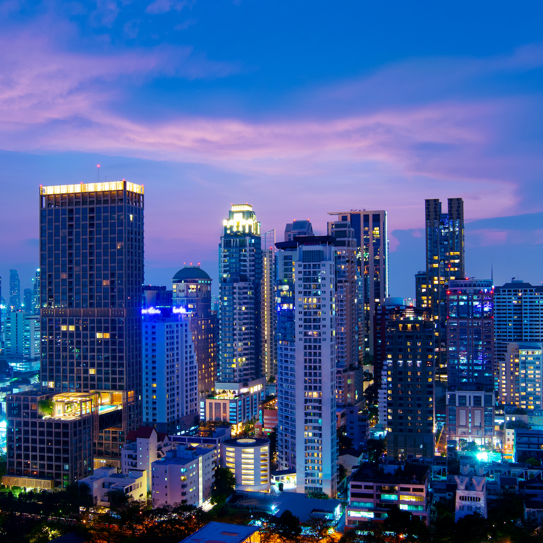 Bangkok,City Scape,Skyscraper,Night,View,Twilight,While,Sunset,In,Business